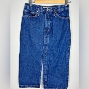 MANGO Denim Midi Skirt With Slit Size Small High Rise Medium-Dark Wash Western